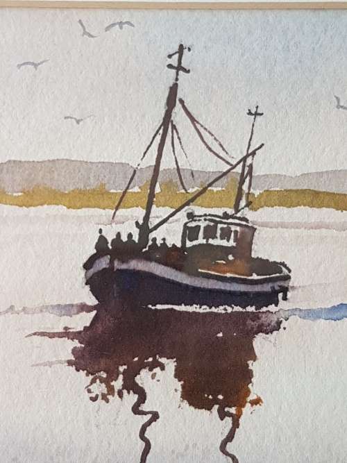 Peter Mills Saldanha, fishing boat. Original watercolour, hand signed and dated. Superb frame.