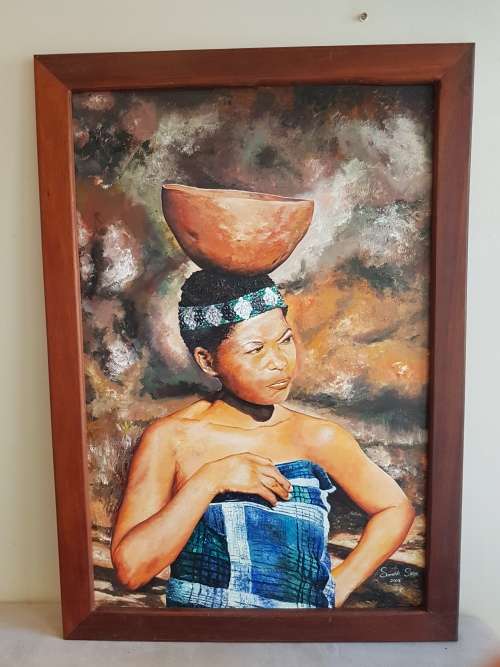 Sandile Sibiya. Huge Original Oil of Zulu Maiden. Framed. Signed.