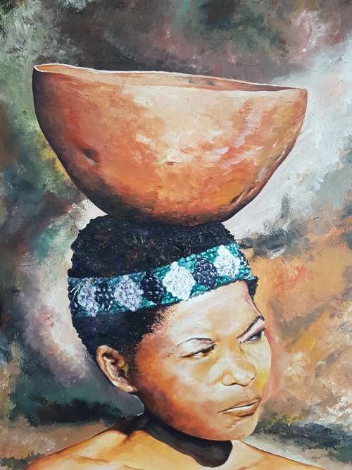 Sandile Sibiya. Huge Original Oil of Zulu Maiden. Framed. Signed.