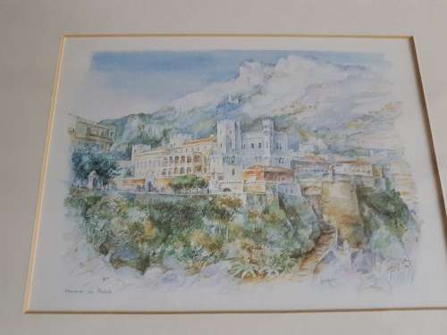 Watercolour print of Monaco, Prince's Palace, great new patterned white frame.