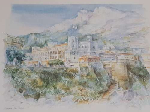 Watercolour print of Monaco, Prince's Palace, great new patterned white frame.