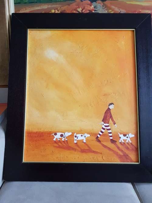Frieda van Zyl. Signed Original Oil, Framed. Man Walking Dogs.