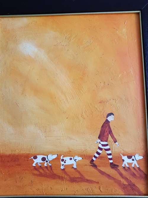 Frieda van Zyl. Signed Original Oil, Framed. Man Walking Dogs.