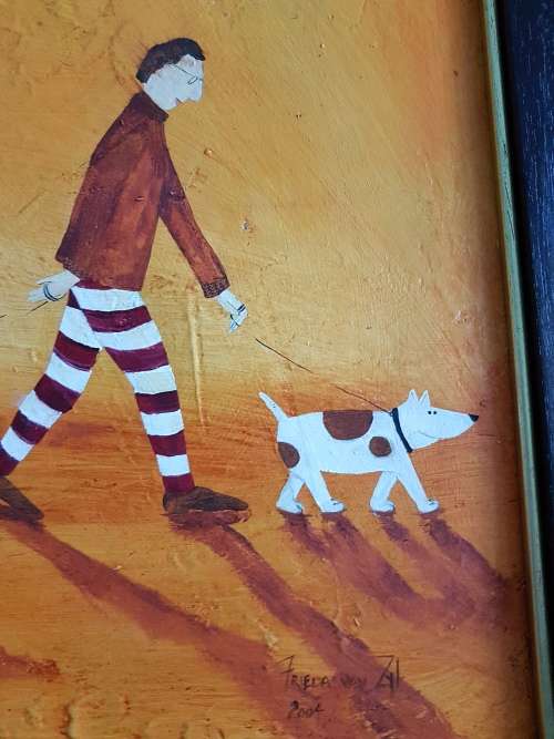 Frieda van Zyl. Signed Original Oil, Framed. Man Walking Dogs.