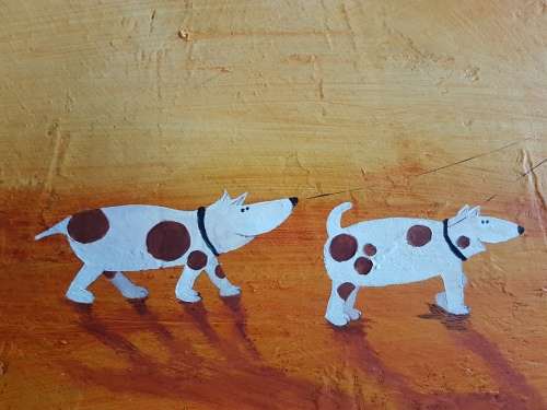 Frieda van Zyl. Signed Original Oil, Framed. Man Walking Dogs.