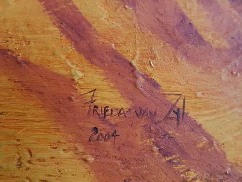 Frieda van Zyl. Signed Original Oil, Framed. Man Walking Dogs.