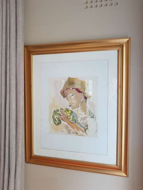 Irma Stern.Limited Edition Portfolio Print. Wine farm labourer with grapes. Excellent cond. , Framed