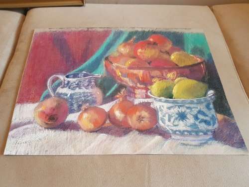 Original Pastel by Jenny Cox. Still Life with onions and lemons; porcelein  jug and bowl.