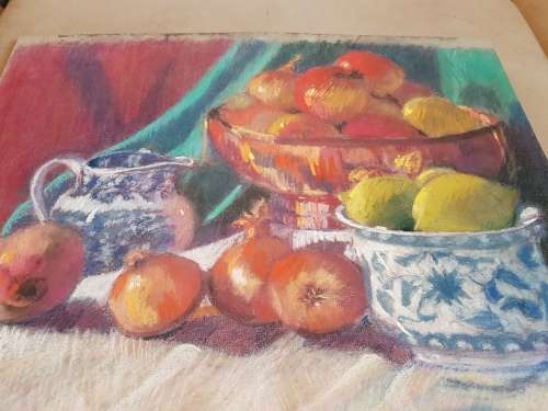 Original Pastel by Jenny Cox. Still Life with onions and lemons; porcelein  jug and bowl.