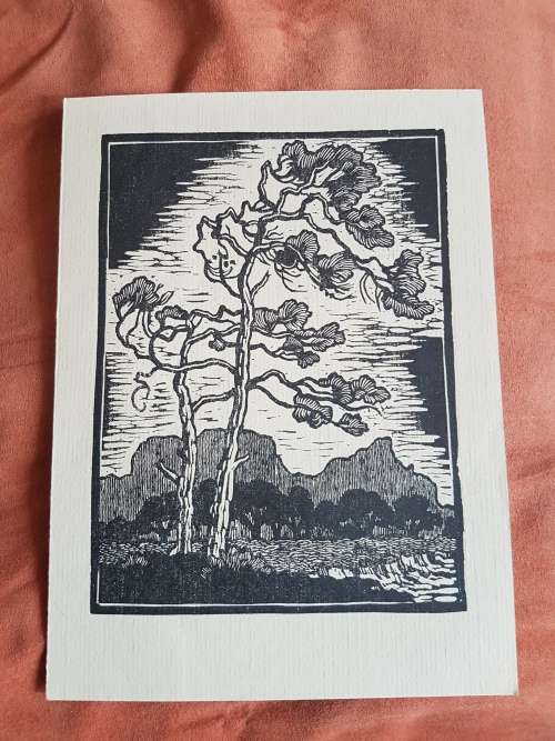Gregoire Boonzaier Lincocut of Table Mountain and Tree in Wind. Exhibition Invitation FRAMED.