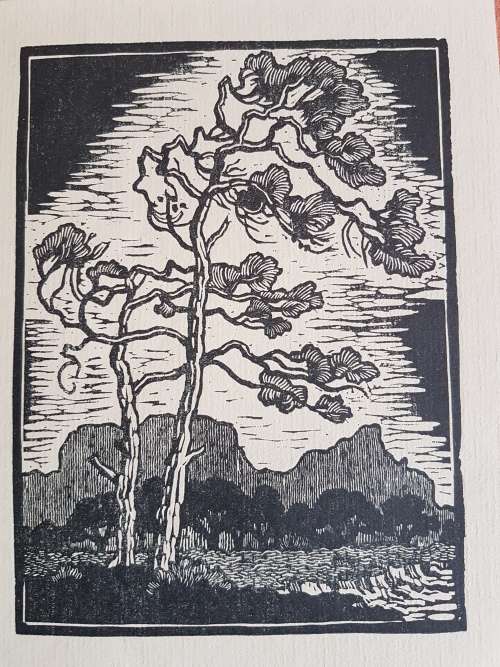 Gregoire Boonzaier Lincocut of Table Mountain and Tree in Wind. Exhibition Invitation FRAMED.