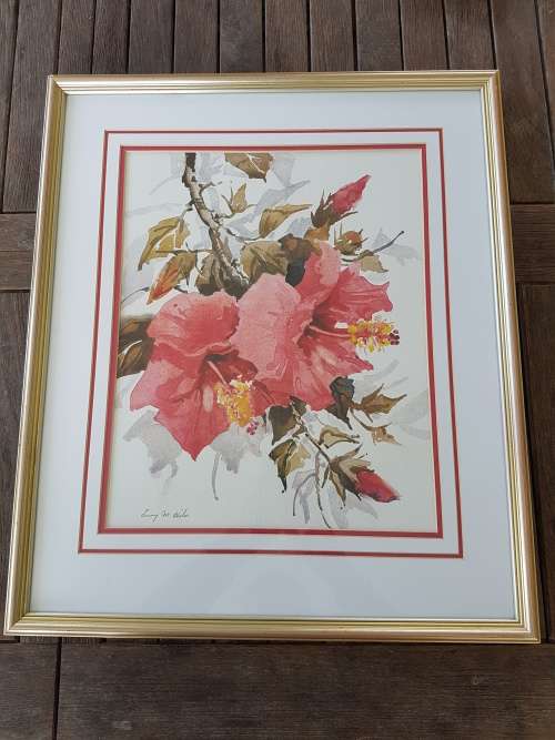Lucy M. Wiles. Original watercolour. Red Azalia Flowers. Signed and framed. Excellent condition