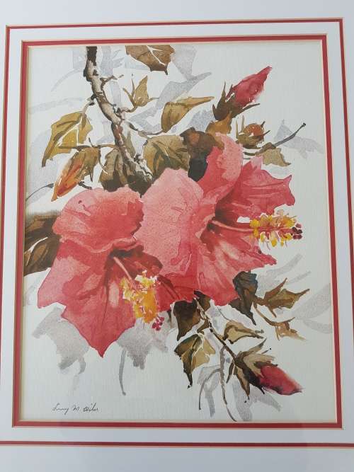 Lucy M. Wiles. Original watercolour. Red Azalia Flowers. Signed and framed. Excellent condition
