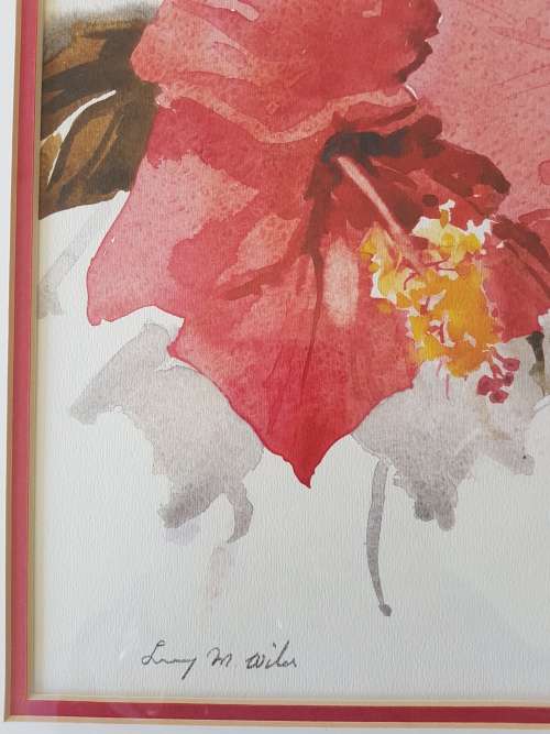 Lucy M. Wiles. Original watercolour. Red Azalia Flowers. Signed and framed. Excellent condition