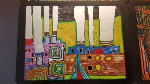 Friedensreich Hundertwasser (1928-2000). Collage of 15 Art Cards . Silver and Gold Imprints. Framed.
