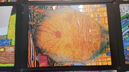 Friedensreich Hundertwasser (1928-2000). Collage of 15 Art Cards . Silver and Gold Imprints. Framed.