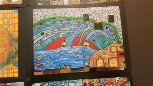 Friedensreich Hundertwasser (1928-2000). Collage of 15 Art Cards . Silver and Gold Imprints. Framed.