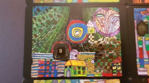 Friedensreich Hundertwasser (1928-2000). Collage of 15 Art Cards . Silver and Gold Imprints. Framed.