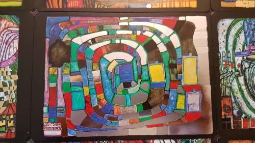 Friedensreich Hundertwasser (1928-2000). Collage of 15 Art Cards . Silver and Gold Imprints. Framed.