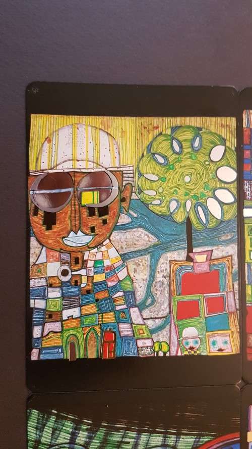 Friedensreich Hundertwasser (1928-2000). Collage of 15 Art Cards . Silver and Gold Imprints. Framed.