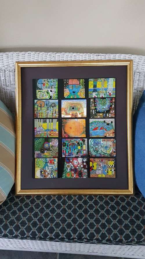 Friedensreich Hundertwasser (1928-2000). Collage of 15 Art Cards . Silver and Gold Imprints. Framed.