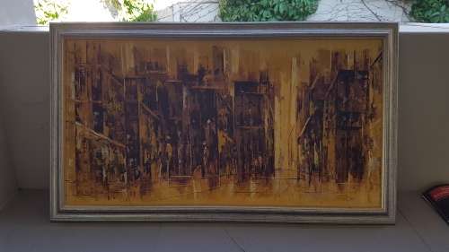 Thick Impasto Original Oil Painting. Mid Century Cityscape with Figures. Agatha Gird. Excellent cond