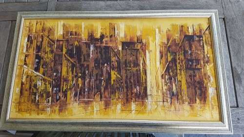 Thick Impasto Original Oil Painting. Mid Century Cityscape with Figures. Agatha Gird. Excellent cond