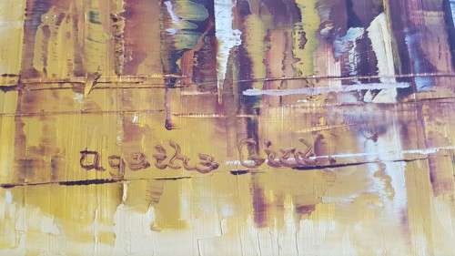 Thick Impasto Original Oil Painting. Mid Century Cityscape with Figures. Agatha Gird. Excellent cond