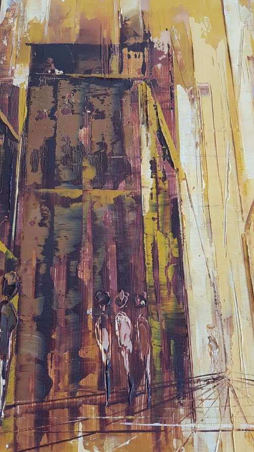 Thick Impasto Original Oil Painting. Mid Century Cityscape with Figures. Agatha Gird. Excellent cond