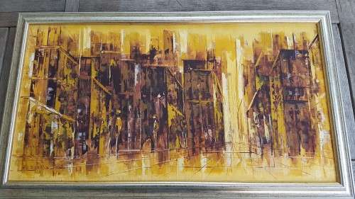 Thick Impasto Original Oil Painting. Mid Century Cityscape with Figures. Agatha Gird. Excellent cond