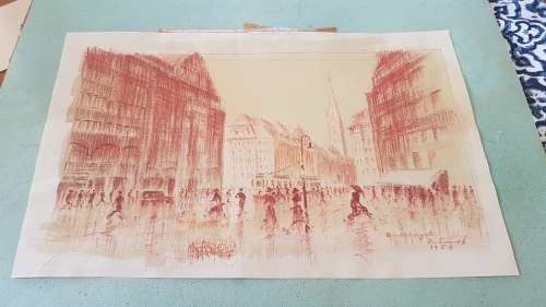 Monckebergstrasse, Hamburg, 1950 by H. Sumpf. Original Pastel Drawing, signed, framed. Mid-century