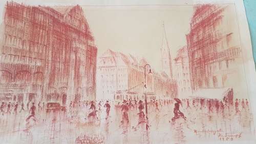 Monckebergstrasse, Hamburg, 1950 by H. Sumpf. Original Pastel Drawing, signed, framed. Mid-century