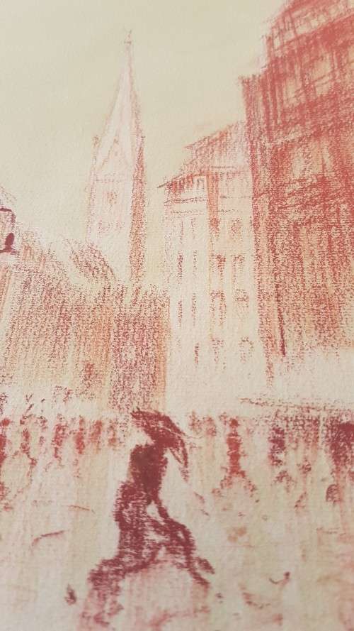 Monckebergstrasse, Hamburg, 1950 by H. Sumpf. Original Pastel Drawing, signed, framed. Mid-century