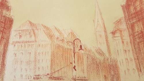 Monckebergstrasse, Hamburg, 1950 by H. Sumpf. Original Pastel Drawing, signed, framed. Mid-century