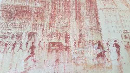 Monckebergstrasse, Hamburg, 1950 by H. Sumpf. Original Pastel Drawing, signed, framed. Mid-century