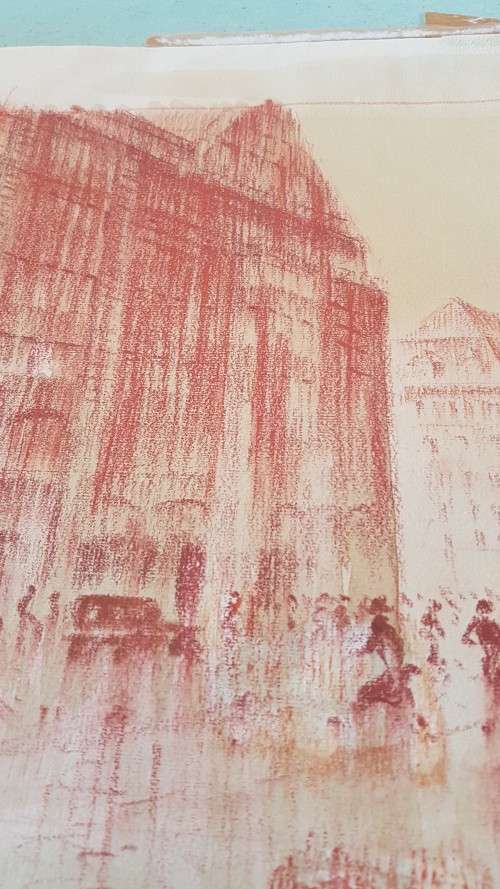 Monckebergstrasse, Hamburg, 1950 by H. Sumpf. Original Pastel Drawing, signed, framed. Mid-century