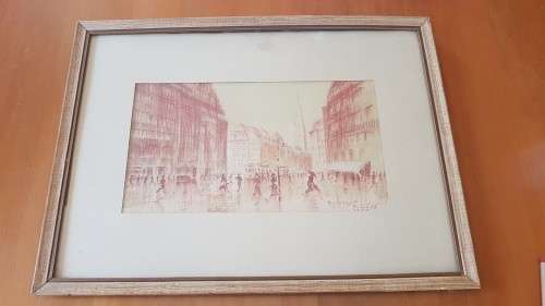 Monckebergstrasse, Hamburg, 1950 by H. Sumpf. Original Pastel Drawing, signed, framed. Mid-century