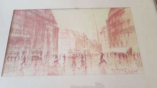 Monckebergstrasse, Hamburg, 1950 by H. Sumpf. Original Pastel Drawing, signed, framed. Mid-century