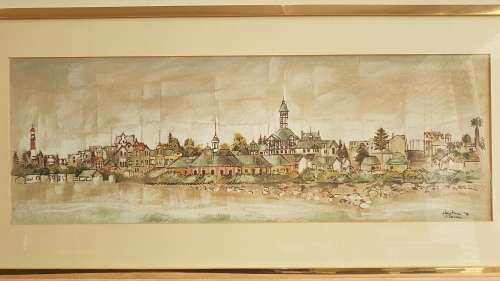 Christine Marais (1935- ). Swakopmund Panorama. Original Mixed Media. 71 cm long.