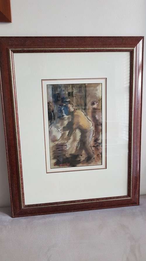 Mandla Vanyaza (1963-). Original Pastel.  Township Figures. Great Frame. Strong Sekoto influence.