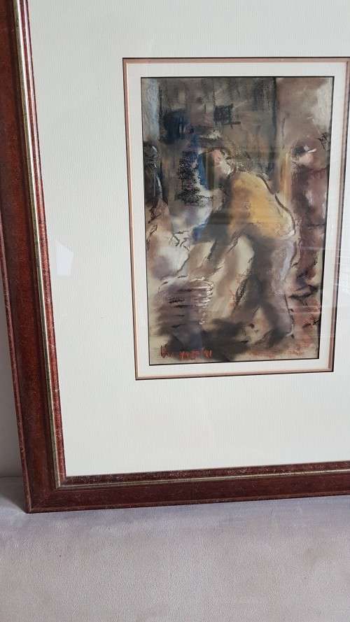 Mandla Vanyaza (1963-). Original Pastel.  Township Figures. Great Frame. Strong Sekoto influence.