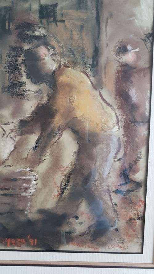 Mandla Vanyaza (1963-). Original Pastel.  Township Figures. Great Frame. Strong Sekoto influence.