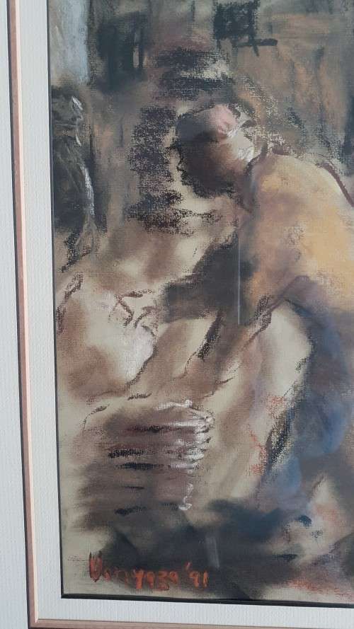 Mandla Vanyaza (1963-). Original Pastel.  Township Figures. Great Frame. Strong Sekoto influence.