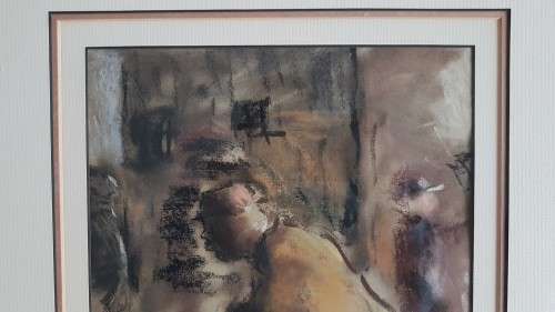 Mandla Vanyaza (1963-). Original Pastel.  Township Figures. Great Frame. Strong Sekoto influence.