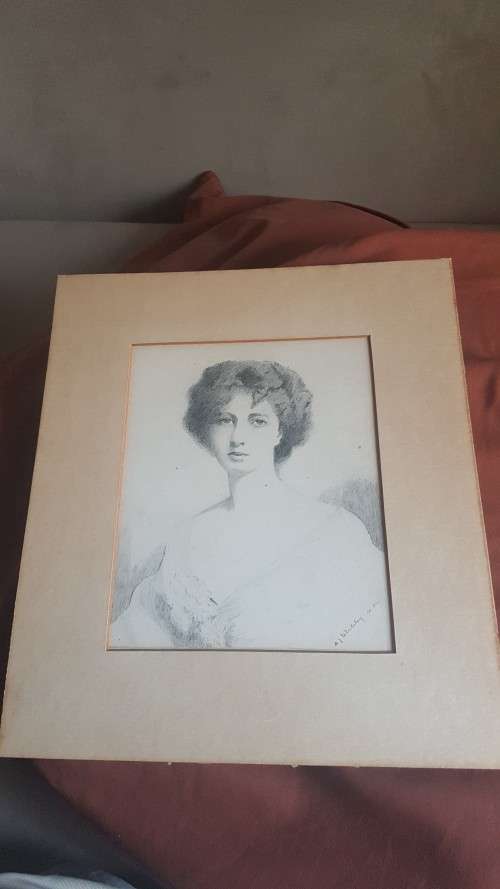 Original 1904 Pencil Drawing of Edwardian Lady signed M.J. Whiteley, dated April 1904.