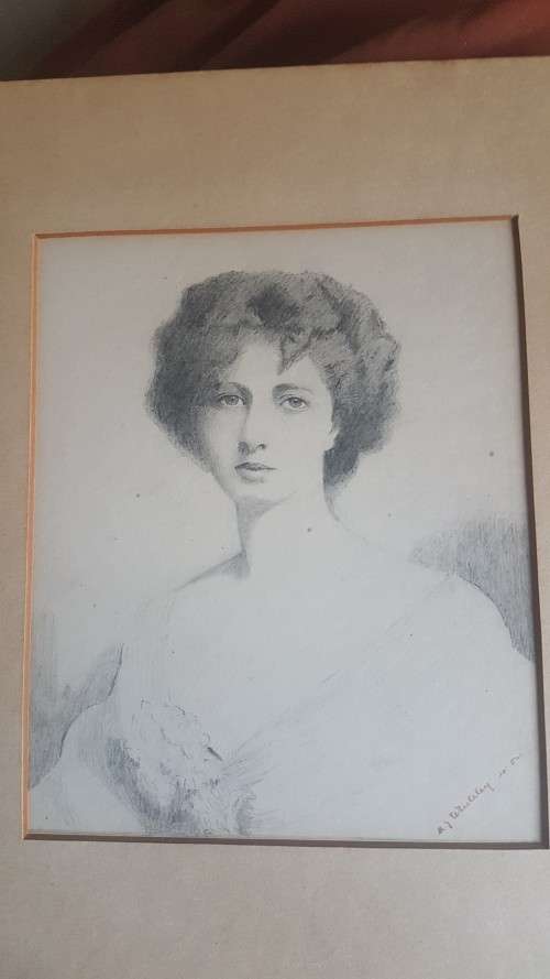 Original 1904 Pencil Drawing of Edwardian Lady signed M.J. Whiteley, dated April 1904.