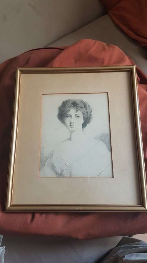 Original 1904 Pencil Drawing of Edwardian Lady signed M.J. Whiteley, dated April 1904.