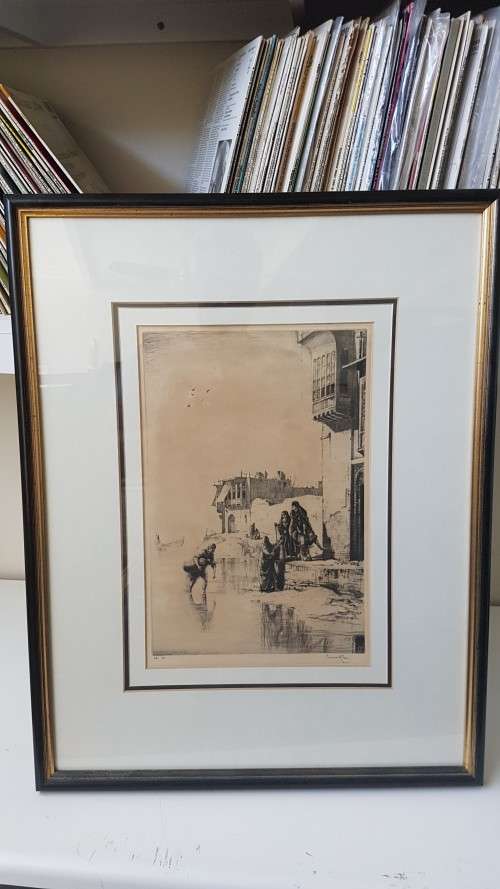Charles W. Cain (1893-1962).  Signed  45/78 ltd original etching. Tigris River Scene, Iraq, c. 1926.