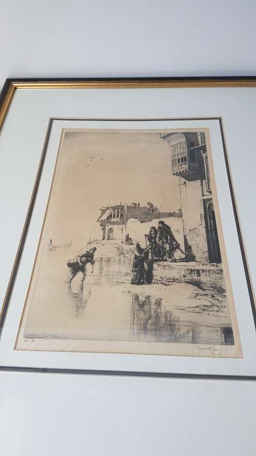 Charles W. Cain (1893-1962).  Signed  45/78 ltd original etching. Tigris River Scene, Iraq, c. 1926.