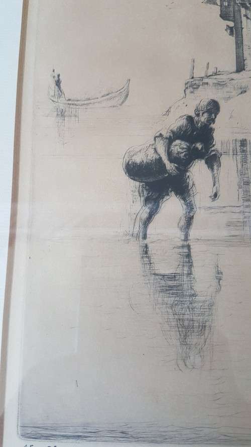 Charles W. Cain (1893-1962).  Signed  45/78 ltd original etching. Tigris River Scene, Iraq, c. 1926.